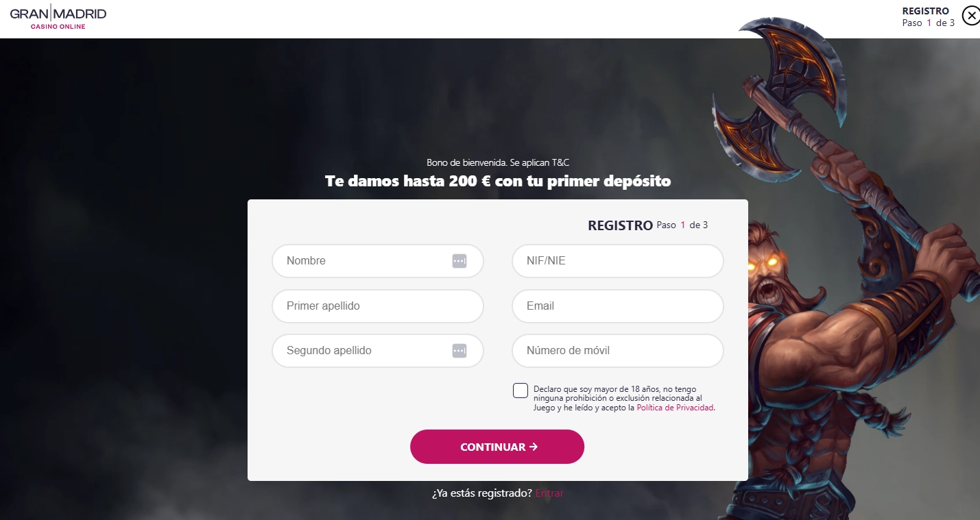 Proceso de registro en Casino Gran Madrid - Formulario de creación de cuenta
